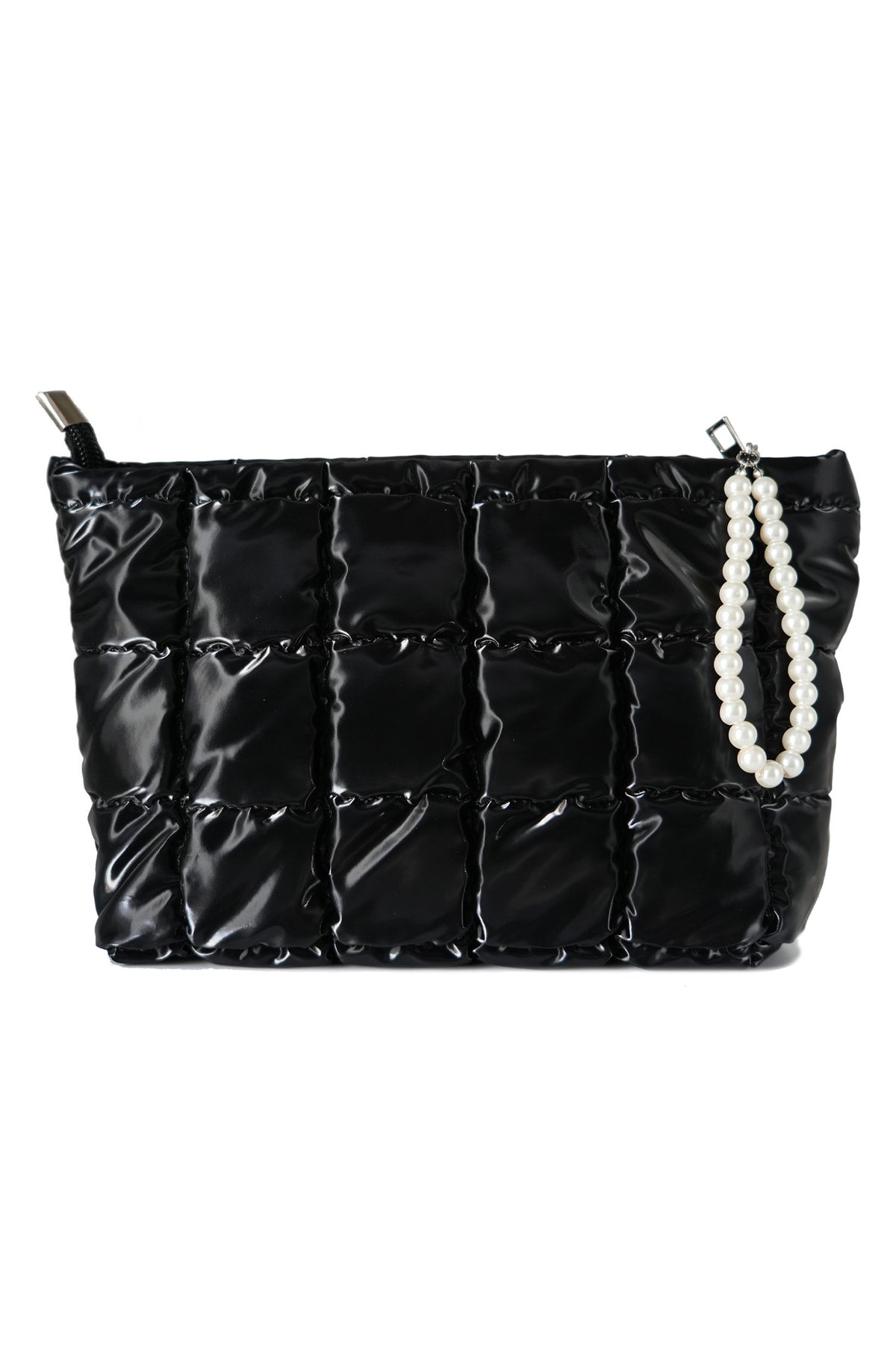 Color black PU Leather Quilted Texture Pearl Chain Zip Makeup Bag