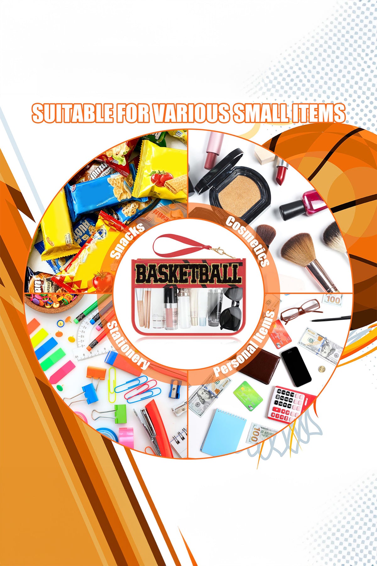 Jurassic Gold BASKETBALL Chenille Letter Patch Game Day Stadium Clear PVC Cosmetic Bag
