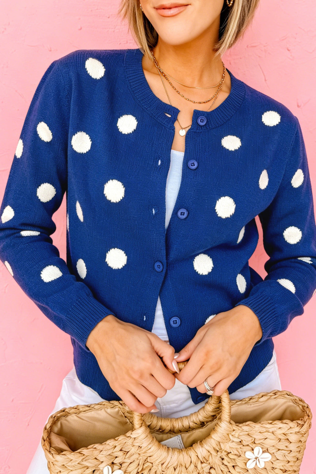 Fiery Red Casual Polka Dot Button Front Long Sleeve Sweater Cardigan