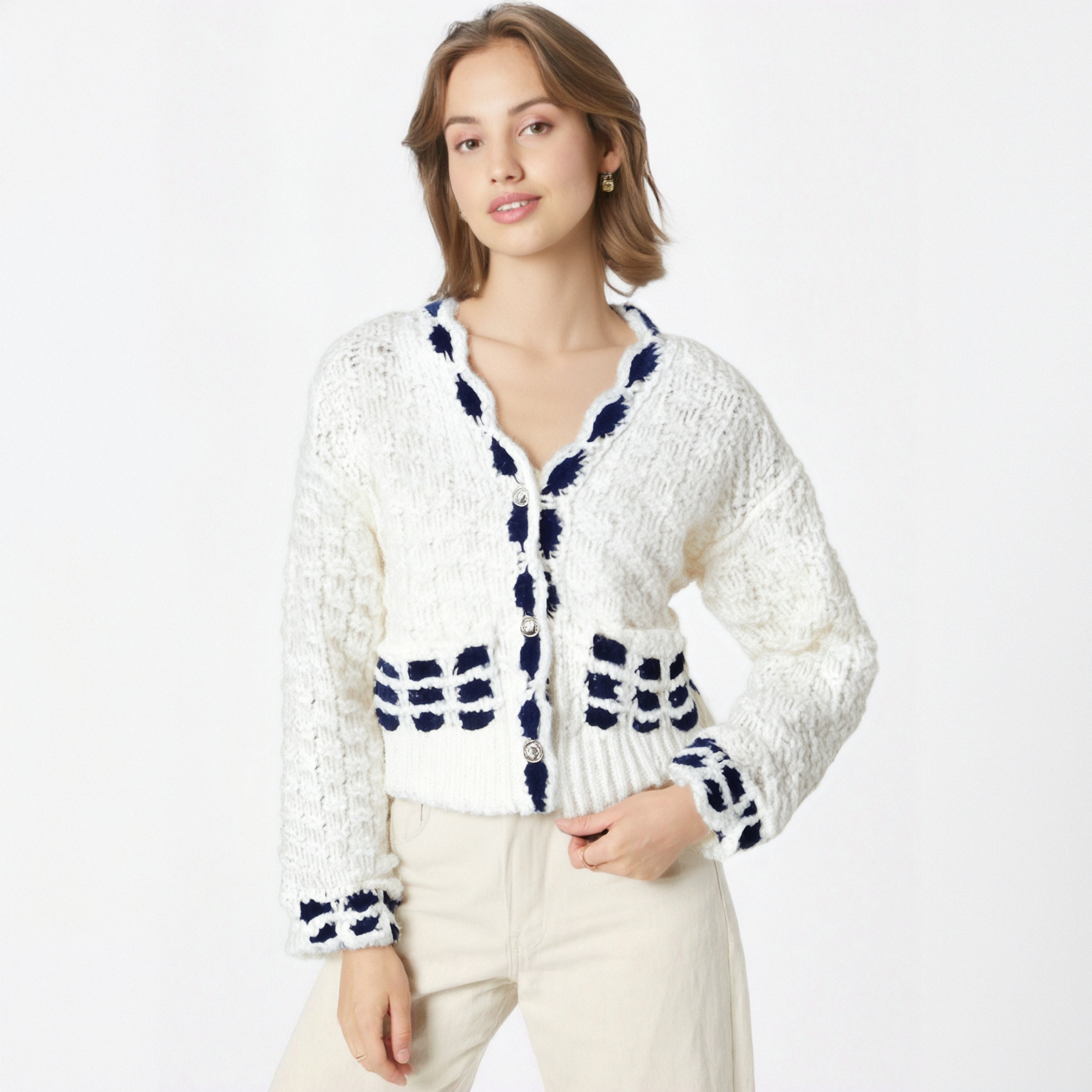 Hand Knit Color Block Knit Cardigan Side Pockets Loose Vintage Sweater Jacket Top Autumn Winter Woman Clothing