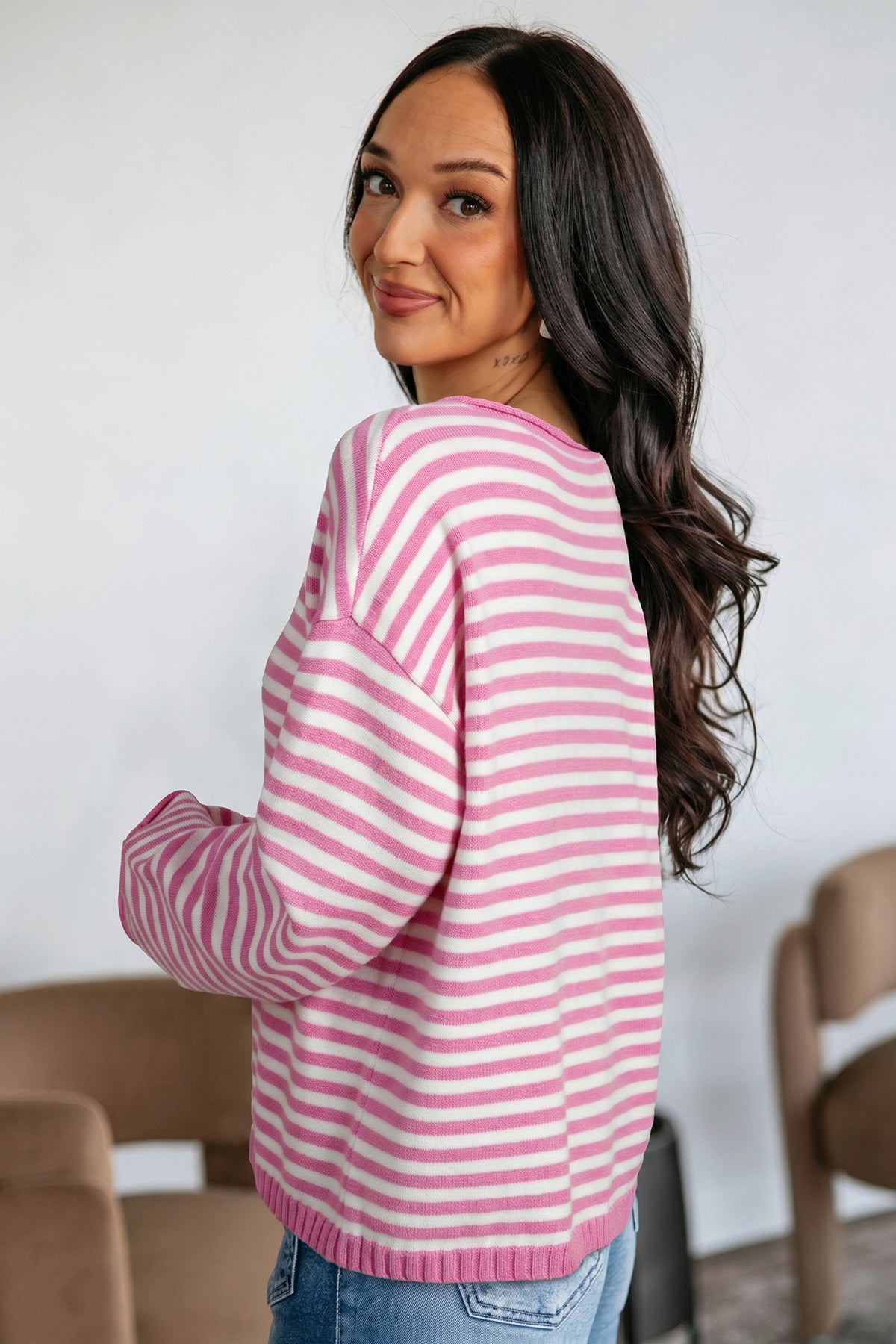 Green Stripe Striped Button Placket Drop Shoulder Long Sleeve Sweater