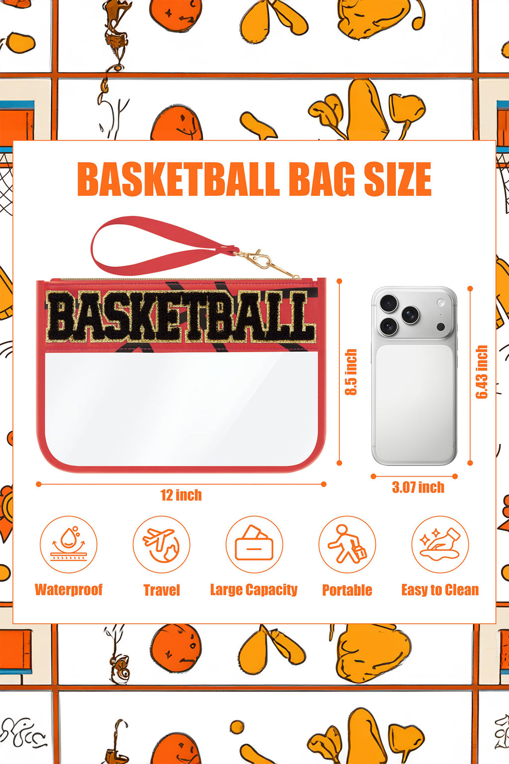 Jurassic Gold BASKETBALL Chenille Letter Patch Game Day Stadium Clear PVC Cosmetic Bag