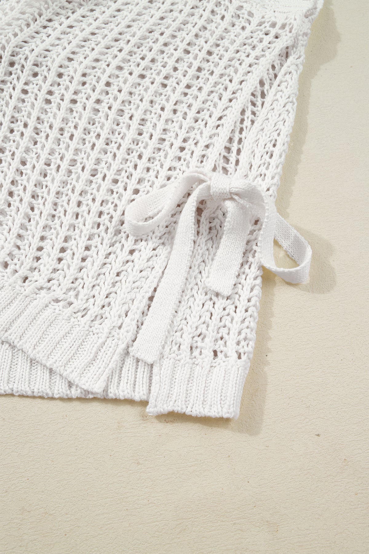 White Plus Size Open Knit Bow Tie Short Sleeve Sweater