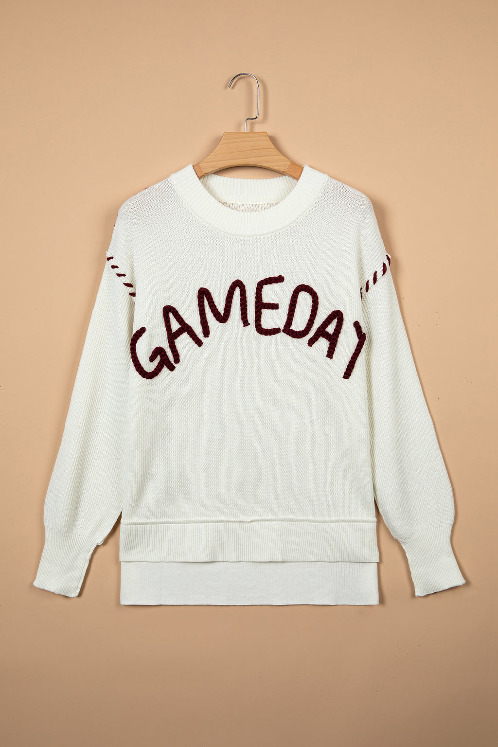 Beige Drop Shoulder Game Day Letter Print Pullover Sweater