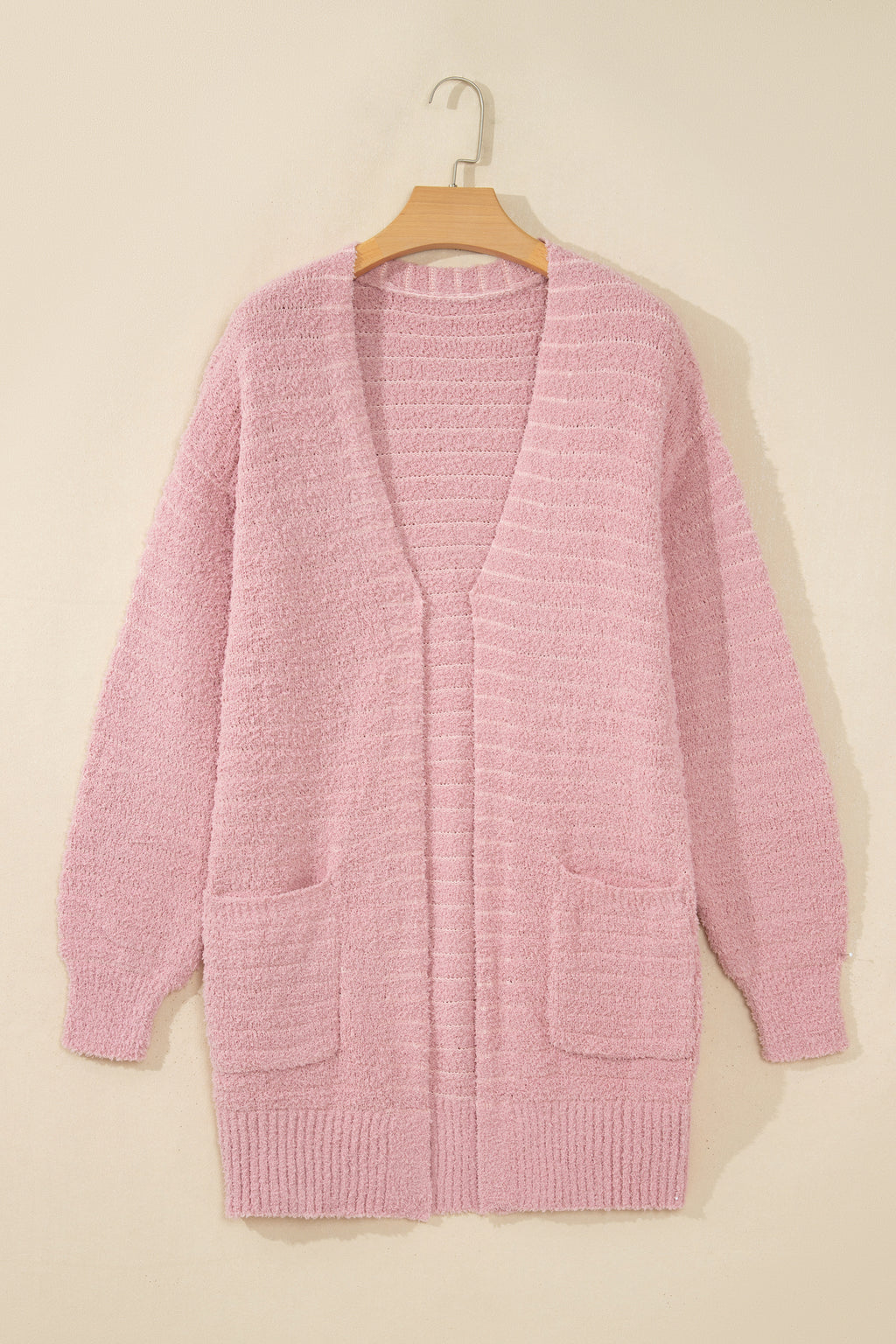 Light Pink Open Front Soft Fuzzy Ribbed Sweater Cardigan